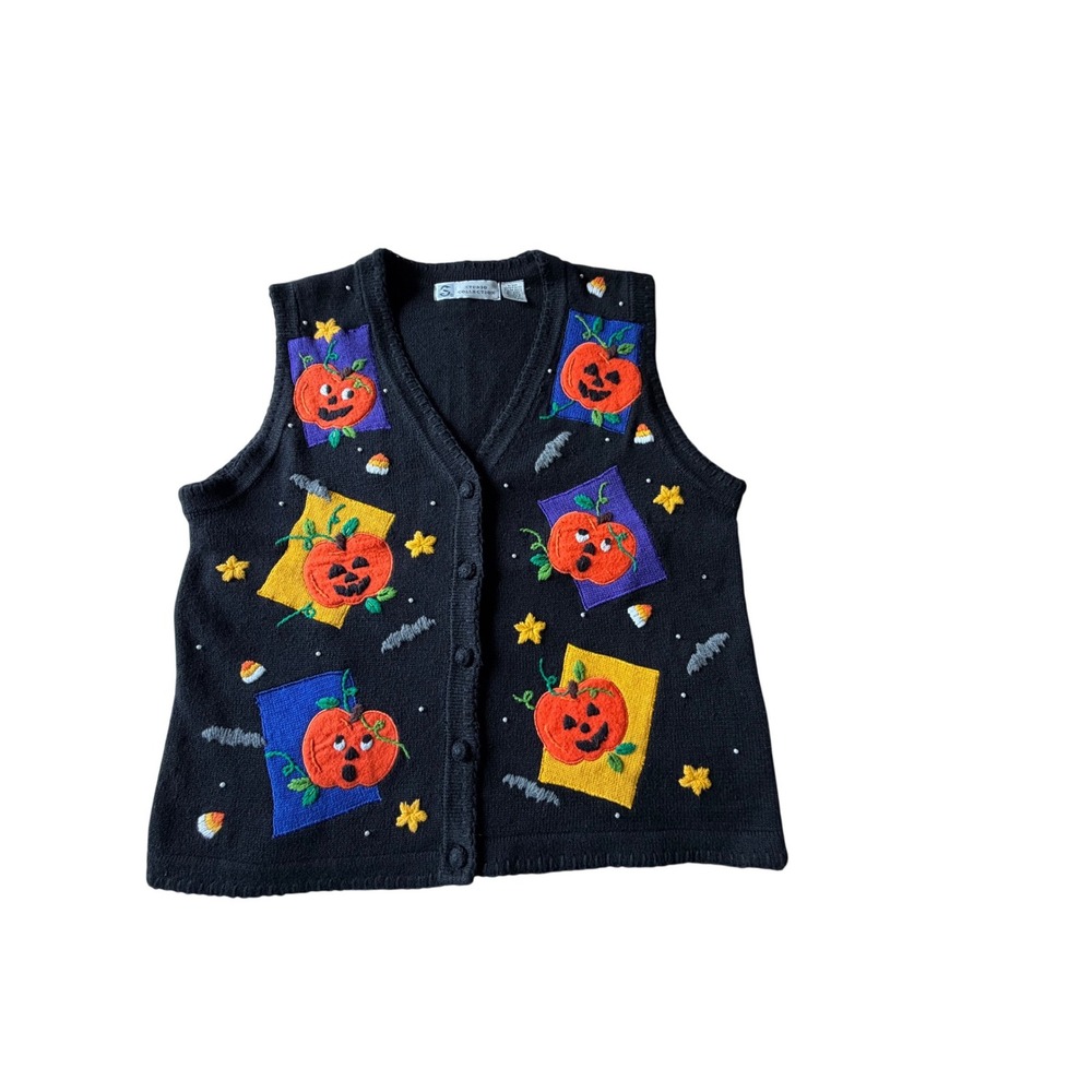 Studio Collection Halloween Pumpkin Sweater Vest Embroidered Jack-O-Lantern SZ M